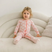 Load image into Gallery viewer, Print Muffin Ruffle Footie With 2 Way Zipper - Shrinking Violet Bow Lattice

