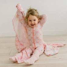 Load image into Gallery viewer, Print Muffin Ruffle Footie With 2 Way Zipper - Shrinking Violet Bow Lattice
