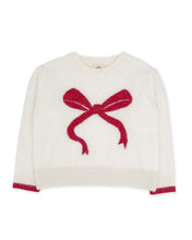 Load image into Gallery viewer, An off-white knit sweater featuring a large red bow motif on the chest and red striped trim at the cuffs and hem, displayed against a plain white background.
