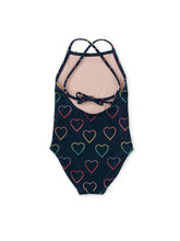 Load image into Gallery viewer, Cross Back Swimsuit Ombré Blue Hearts

