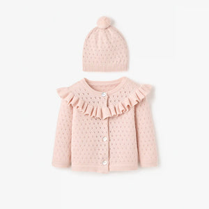 Sweater Pointelle Cardigan With Hat Pink