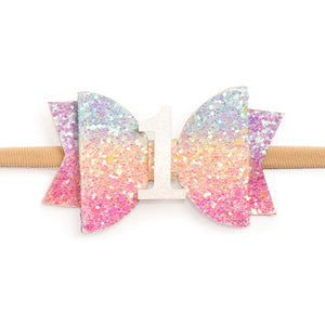 1st Birthday Pastel Rainbow Bow Soft Headband