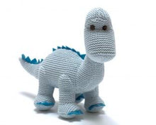 Load image into Gallery viewer, Knitted Organic Cotton Blue Diplodocus Dino Baby Rattle
